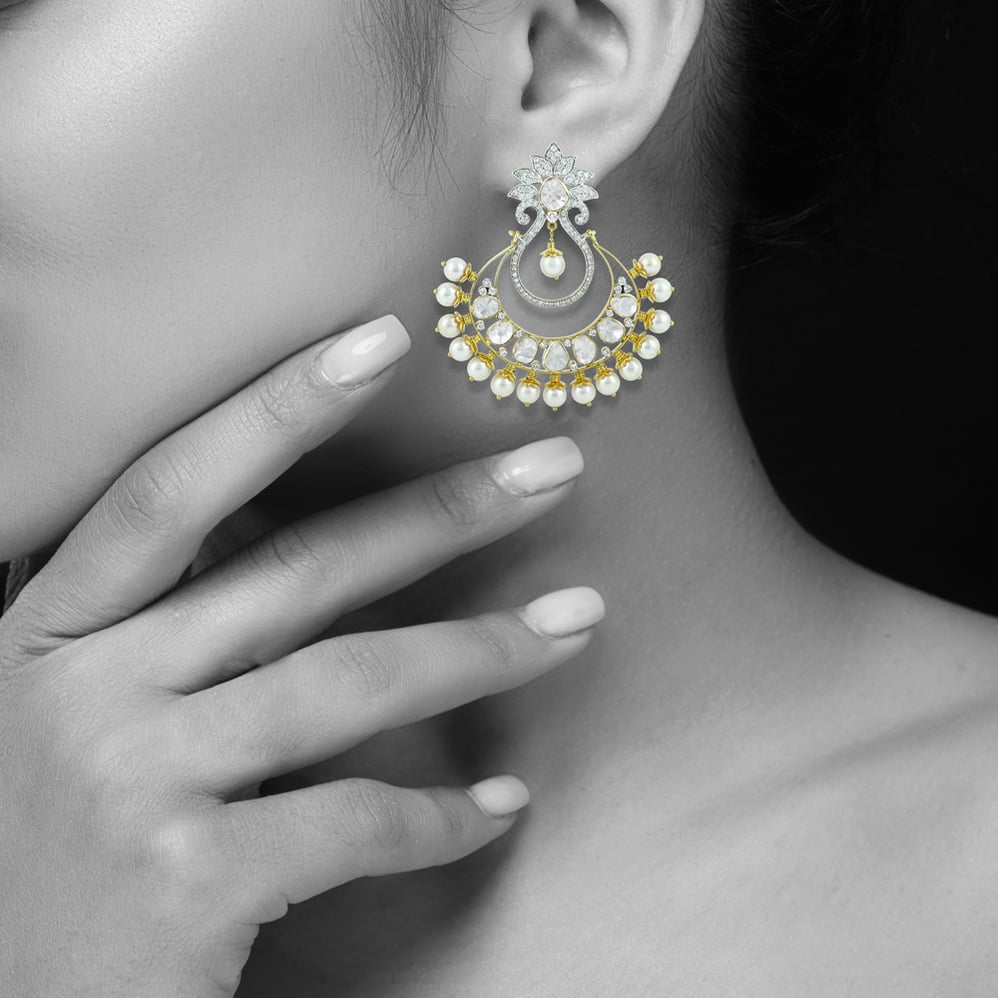Chandbali Earrings with Polki, Floral Design, and Pearls